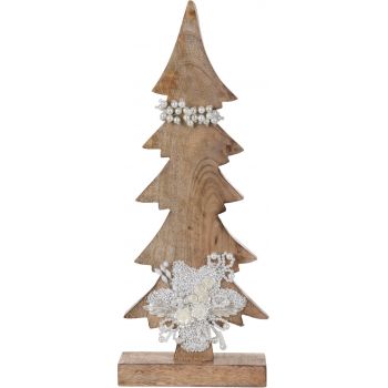 Decoratiune Xmas Tree w pearls , 17x5.8x43 cm, lemn de mango, alb/bej