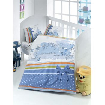 Lenjerie de pat pentru copii, Victoria, Bear, 4 piese, 100% bumbac ranforce, albastru/alb
