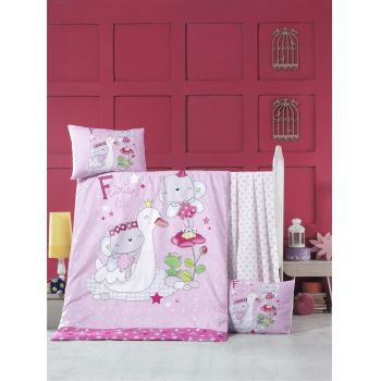 Lenjerie de pat pentru copii, Victoria, White Swan, 4 piese, 100% bumbac ranforce, roz