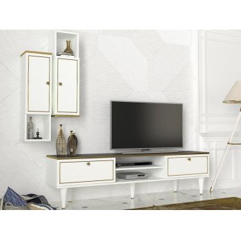 Comoda TV cu rafturi de perete Ravenna White, Talon, 180 x 50.5 cm/88.6 x 25 cm, alb/auriu/negru