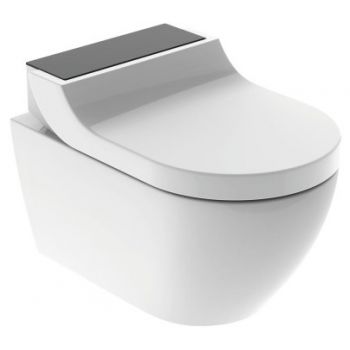 Set vas WC suspendat Geberit AquaClean Tuma Comfort capac inchidere lenta functie bideu electric ornament sticla neagra