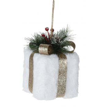 Decoratiune Gift box, 10x16 cm, poliester, alb/auriu
