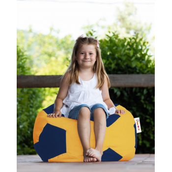 Fotoliu puf pentru copii, Football Bean Bag, Ferndale, 70x70 cm, poliester impermeabil, galben/albastru inchis
