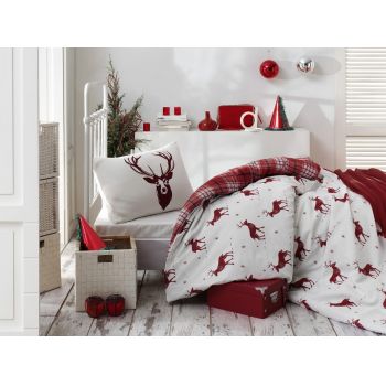 Lenjerie de pat pentru o persoana, Eponj Home, Geyik 143EPJ04251, 2 piese, amestec bumbac, alb/rosu