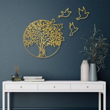Decoratiune de perete Metal Tree And Birds_3, Negru, 56x1x61 cm