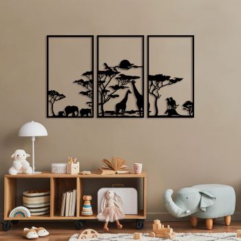 Decoratiune de perete, Serengeti, Metal, 40 x 69 cm, 3 piese, Negru