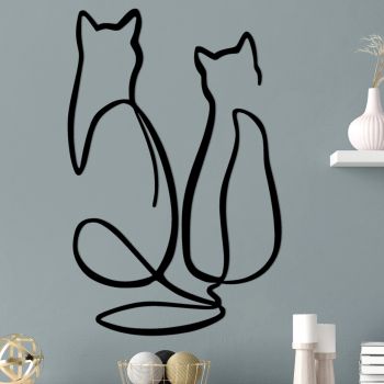 Decoratiune de perete, Couple Cat Love, Metal, Dimensiune: 72 x 0,15 x 48 cm, Negru
