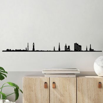 Decoratiune de perete, Hamburg Skyline, Metal, Dimensiune: 120 x 0,15 x 11 cm, Negru