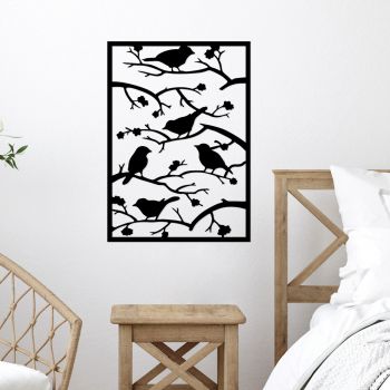 Decoratiune de perete, Tree Branch Birds, Metal, Dimensiune: 47 x 66 cm, Negru