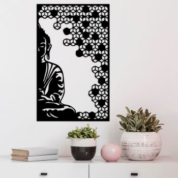 Decoratiune de perete, Buddha And Peace, Metal, Dimensiune: 68 x 1,5 x 42 cm, Negru