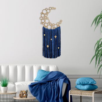 Decoratiune de perete, Moonlight, Macrame, Metal, Albastru / Auriu