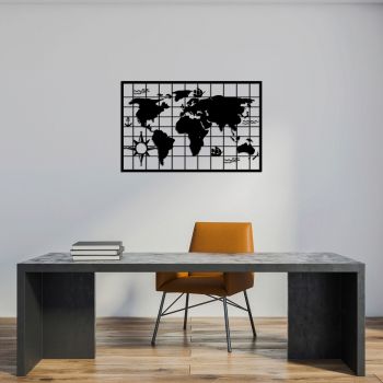 Decoratiune de perete, World Map 7, Metal, 90 x 58 cm, Negru