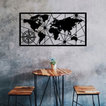 Decoratiune de perete, World Map Medium 2, Metal, 100 x 50 cm, Negru
