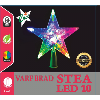 Varf brad tip stea Craciun, Cris, 10 LED-uri multicolore, 15,5 cm, alimentare baterii