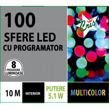 Instalatie brad Craciun, Cris, 100 LED-uri berry multicolore, 10 m, programator, interior, alimentare retea