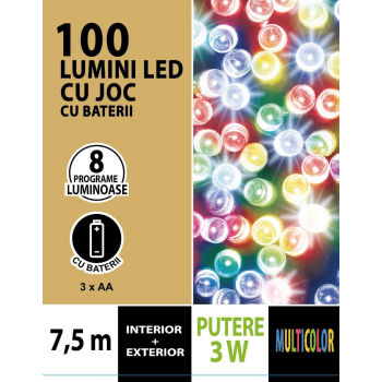 Instalatie brad Craciun, Cris, 100 LED-uri multicolore, 7,5 m, timer, interior / exterior, alimentare baterii