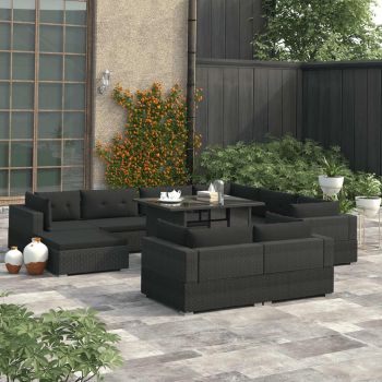 Set mobilier de grădină cu perne 10 piese negru poliratan