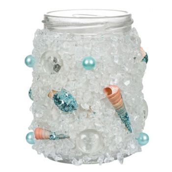 Borcan decorativ tip vaza cu aplicatii scoici si cristale,8x11cm
