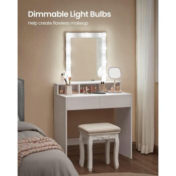 Masa de toaleta / machiaj cu oglinda si iluminare LED, Vasagle, 80 x 40 x 145 cm, PAL/sticla, alb