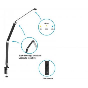 Lampa de masa ETA 2893 90000, 10 W, LED, brat flexibil, reglare intensitate lumina, telecomanda, negru