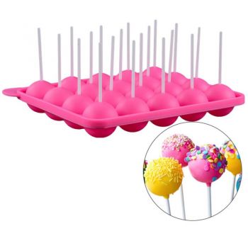 Forma silicon 20 acadele/bomboane pe bat, Quasar & Co.®, 20 betisoare, 23 x 18.5 x 4 cm, roz
