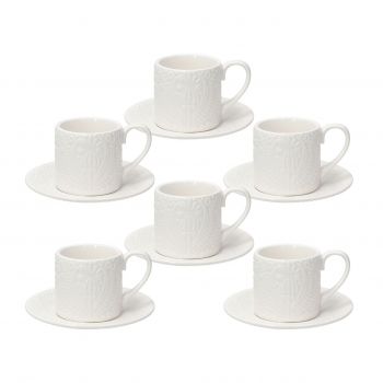 Set 6 cesti de cafea cu farfurie Ornament, Tognana Porcellane, 70 ml, portelan, alb