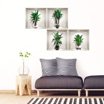Set 4 autocolante 3D pentru perete Ambiance Exotic Palm Leaves ieftin