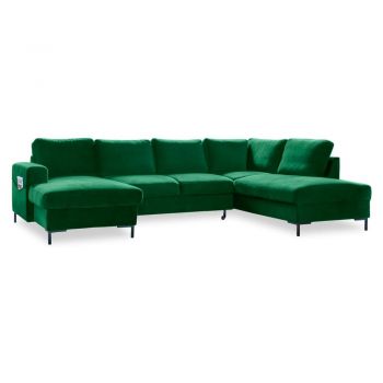 Canapea extensibilă din catifea în formă de „U” cu șezlong pe partea dreaptă Miuform Lofty Lilly, verde ieftin