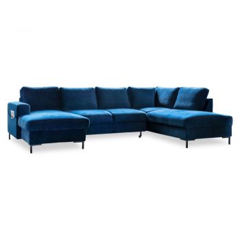 Canapea extensibilă din catifea în formă de „U” cu șezlong pe partea dreaptă Miuform Lofty Lilly, albastru marin ieftin