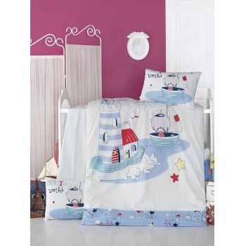 Lenjerie de pat pentru copii, Victoria, Nautic, 4 piese, 100% bumbac ranforce, albastru/alb ieftina