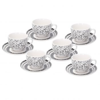 Set 6 cesti de ceai cu farfurie Zenit, Tognana, 260 ml, ceramica, alb/negru ieftin