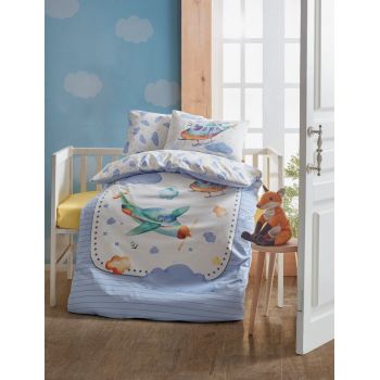 Lenjerie de pat pentru copii, 4 piese, 100x150 cm, 100% bumbac ranforce, Cotton Box, Air Plane, albastru la reducere