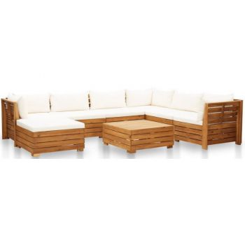 Set mobilier gradina din lemn de acacia, 8 piese, alb crem, pernele incluse