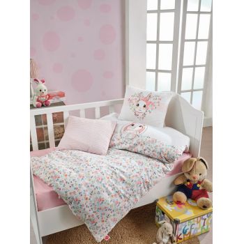 Lenjerie de pat pentru copii, 4 piese, 100x150 cm, 100% bumbac ranforce, Cotton Box, Bunny, roz la reducere