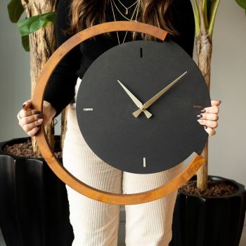 Ceas de perete, Moon Time Wooden Metal Wall Clock, Otel, Lemn, Nuc negru ieftin