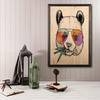 Tablou decorativ, Cool Panda, Lemn, Lemn, Multicolor ieftin