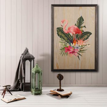 Tablou decorativ, Flamingo, Lemn, Lemn, Multicolor ieftin