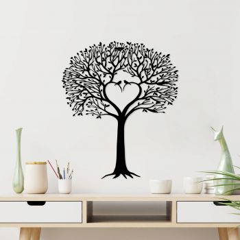 Decoratiune de perete, Love Tree, Metal, Dimensiune: 59 x 70 cm, Negru