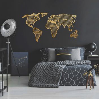 Decoratiune de perete, World Map In The Stripes, Metal, Dimensiune: 120 x 65 cm, Auriu