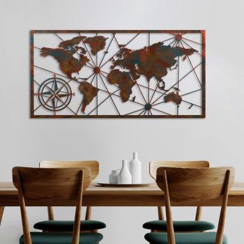 Decoratiune de perete, World Map Large, Metal, Latime: 120 cm / Inaltime: 60 cm, Multicolor