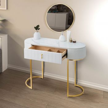 SEA75 - Set Masa toaleta, 100 cm, cosmetica, masa machiaj cu oglinda, masuta vanity - Alb-Auriu ieftina