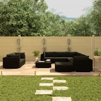 Set mobilier de grădină cu perne 10 piese negru poliratan