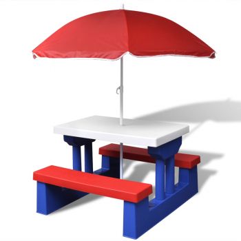 Masă de picnic pentru copii cu bănci & umbrelă multicolor