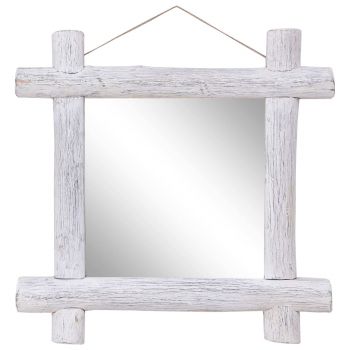 Oglindă cu ramă din bușteni alb 70 x 70 cm lemn masiv reciclat ieftina