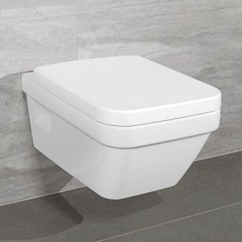 Set vas WC dreptunghiular, suspendat Villeroy & Boch, Arhitectura, direct flush, cu capac soft close, quick release, alb la reducere