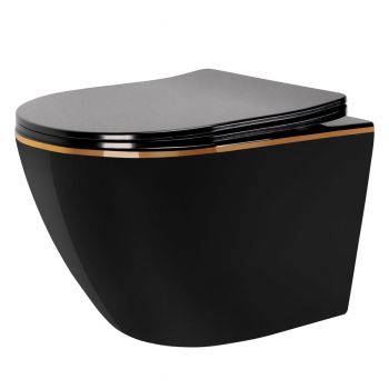 Set vas WC suspendabil rimless Rea Carlo negru lucios cu margini aurii şi capac soft close negru la reducere