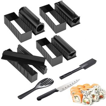 Set preparare sushi 11 piese, Quasar & Co.®, 2 spatule, 8 forme diferite si cutit , plastic, negru
