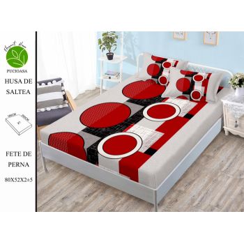 Husa de pat cu elastic 180x200 din Bumbac Finet + 2 Fete de Perna - Buline Rosii