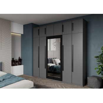 Dulap dormitor cu 6 usi Gri+oglinda 246,4 x 240,3 cm- Dallas ieftin