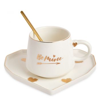 Cana ceramica cu farfurie in forma de inima si lingurita Pufo Be Mine pentru cafea sau ceai, 180 ml, alb